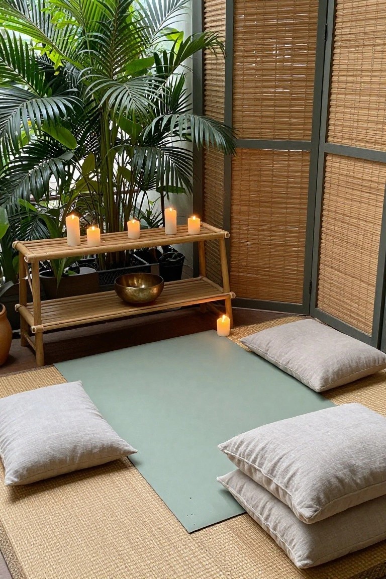 Green yoga mat on beige tatami with stacked beige linen pillows arranged around it, bamboo shelf holding white candles and brass bowl amid potted plants, bamboo screens and large green palms in a sunlit indoor room.
