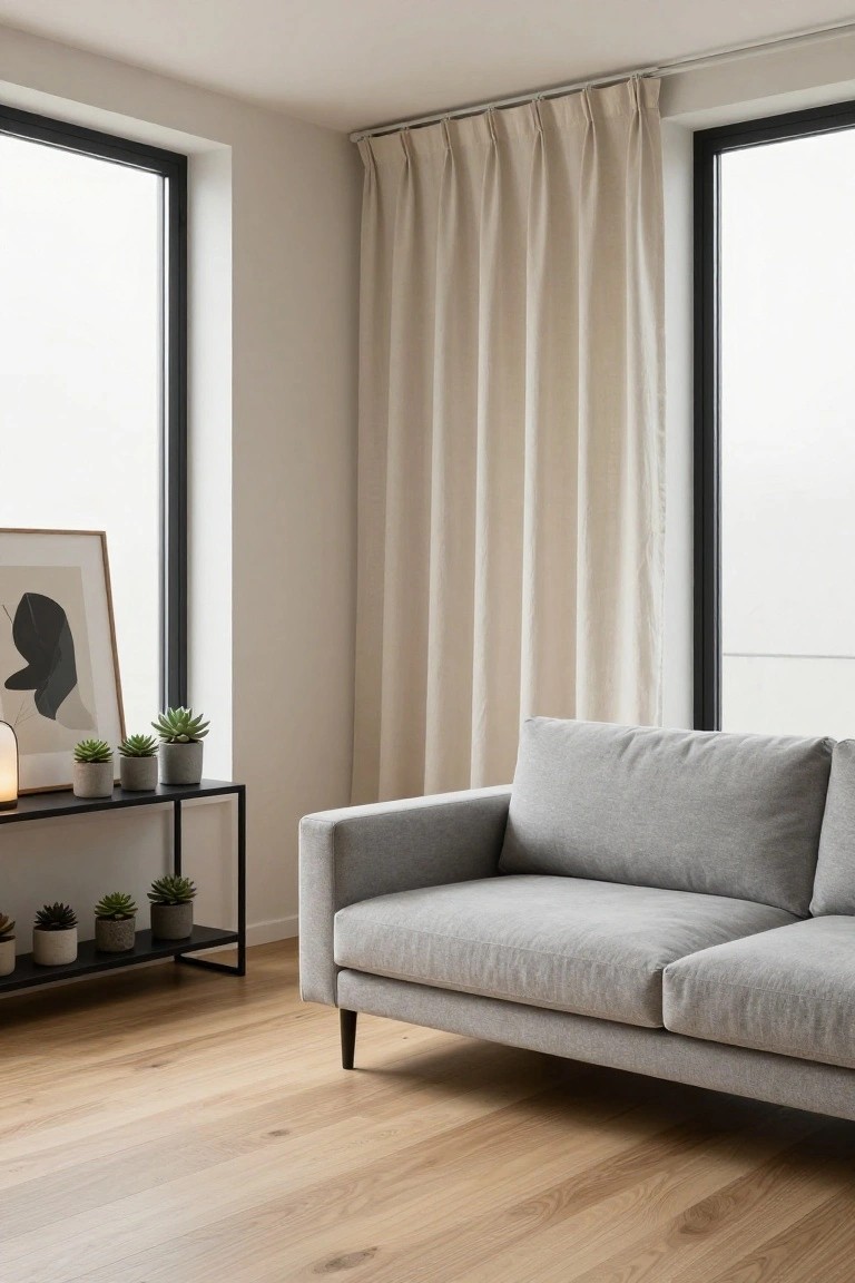 Modern living room corner with a light gray sofa, black metal shelf holding potted succulents and a lamp, sheer beige curtains on black-framed windows, abstract wall art, and light oak wood flooring.