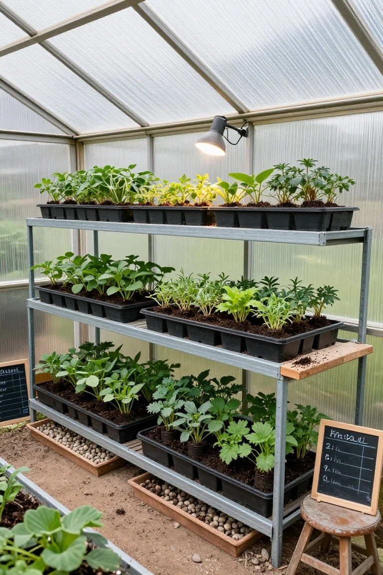 Greenhouse interior featuring a three-tiered gray metal shelving unit filled with black plastic trays of green seedlings on multiple levels, a wooden stool nearby, chalkboard labels, and gravel trays on the ground.