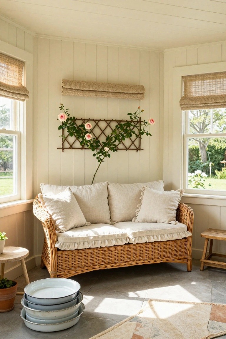 Sunroom interior with white paneled walls, bamboo blinds on corner windows overlooking a garden, a beige wicker loveseat with white ruffled linen cushions, wall-mounted trellis with pink climbing roses, wooden stool, potted plants, and stacked white enamelware plates on the tile floor.