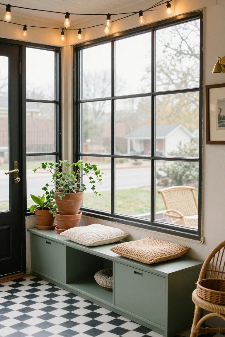 Sunroom corner with green storage bench under large black-framed windows, potted plants on the bench, woven cushions, string lights overhead, and black-and-white checkered tile floor.