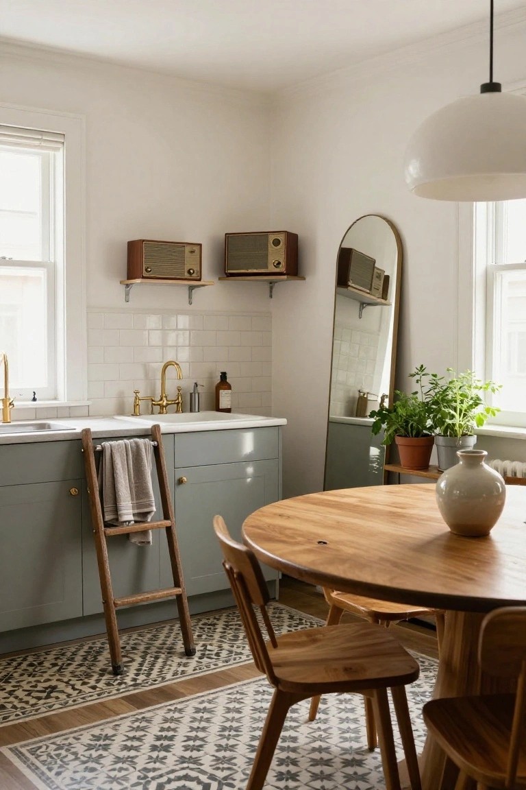 A compact kitchen with light sage green cabinets, brass faucets, white subway tile backsplash, wooden ladder towel rack, round wooden dining table with four wooden chairs, arched mirror, vintage wooden radios on wall shelves, potted plants, and a patterned tile floor runner.