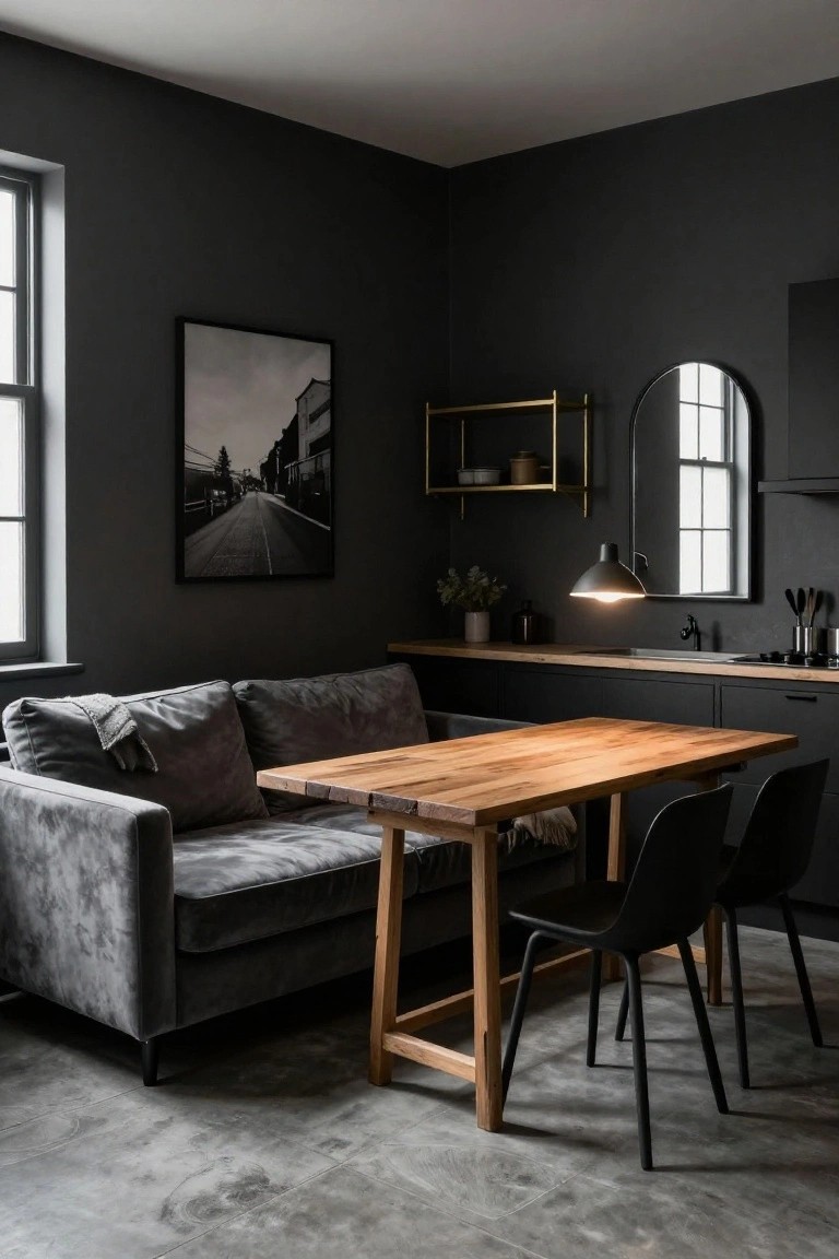 Dark gray studio apartment interior with gray velvet sofa adjacent to rectangular wooden dining table and two black chairs, black kitchen cabinets, gold wall shelf, and polished concrete floor.