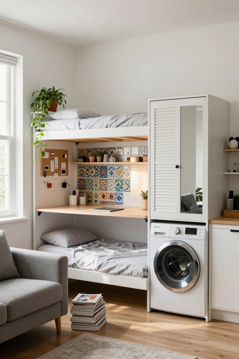 White loft bunk bed in a corner of a small white-walled studio apartment, with wooden desk shelf and corkboard underneath, tiled backsplash, washing machine integrated below, potted plants, and gray armchair nearby.