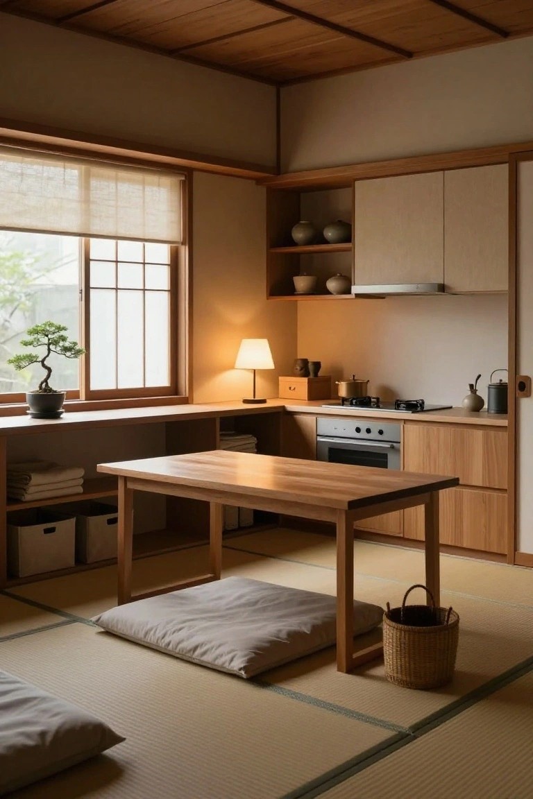 Japanese-style kitchen interior with light wood cabinets, gas cooktop, low rectangular wooden dining table on tatami mats, bonsai plant on windowsill, and woven basket on floor.