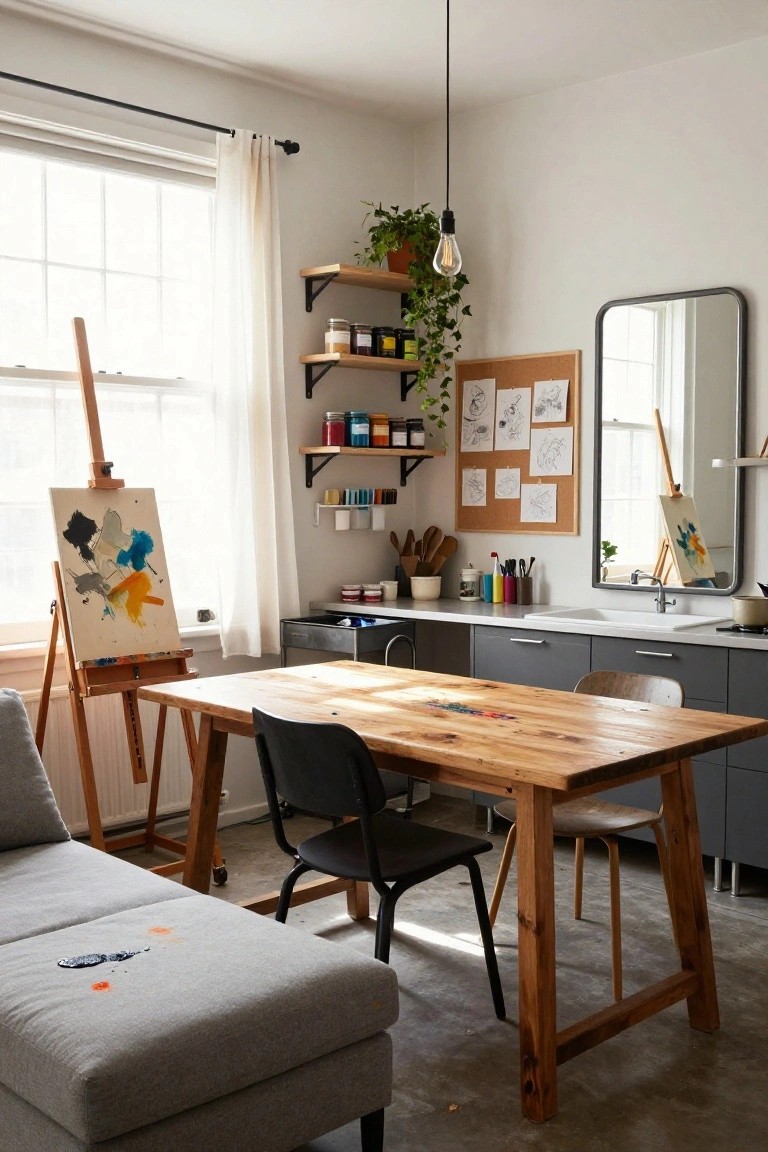 Bright indoor art studio featuring two easels with abstract paintings near a window, a central wooden table with black and wood chairs, gray cabinets with sink, wall shelves holding paint jars and brushes, and potted plants.