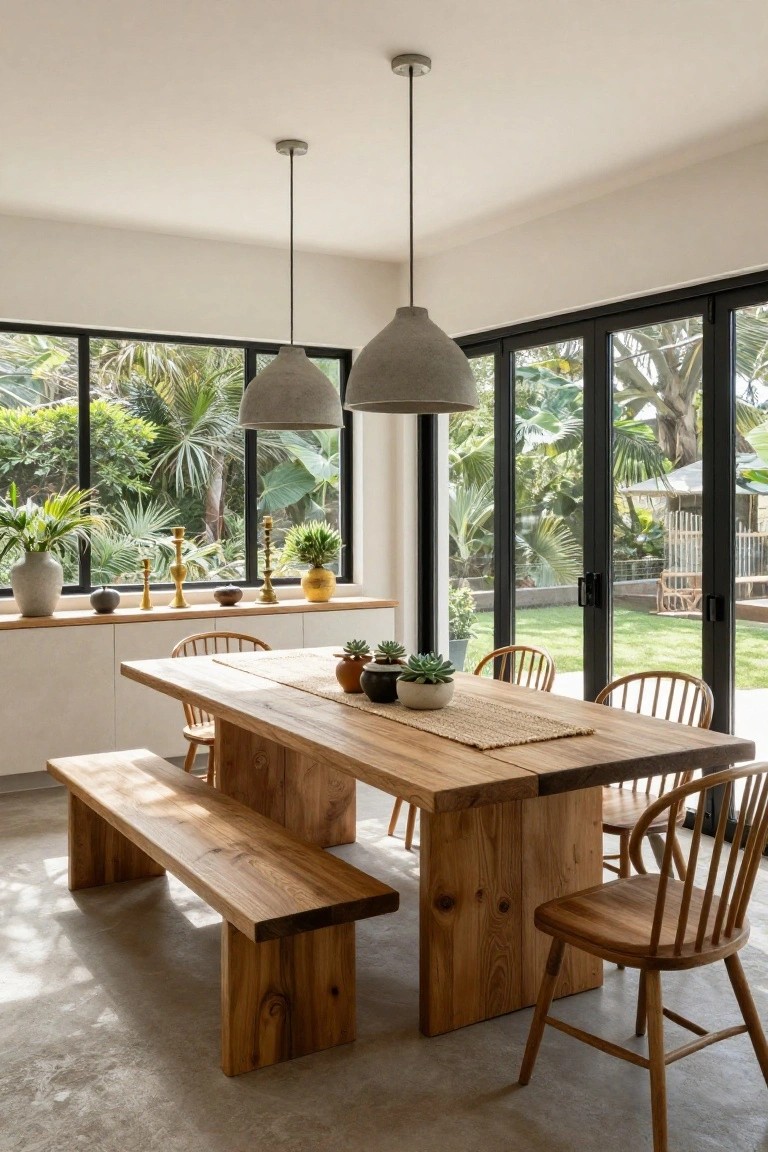 Modern dining room with long reclaimed wood table, benches, and wooden chairs, large black-framed bi-fold glass doors open to tropical garden, two concrete pendant lights overhead, potted plants and candles on white windowsill.