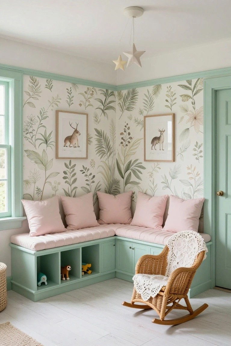 Corner built-in mint green window seat with pink cushions, open storage cubbies containing toys, botanical leaf wallpaper on walls, two framed deer prints, white rocking chair with lace doily, and pendant star lights overhead in a light wood floor room.