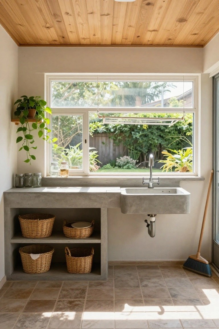 Utility room with exposed concrete sink and benchtop under a large window overlooking a lush garden, open shelves holding wicker baskets, potted plants on a wall shelf, wooden ceiling, and tiled floor.