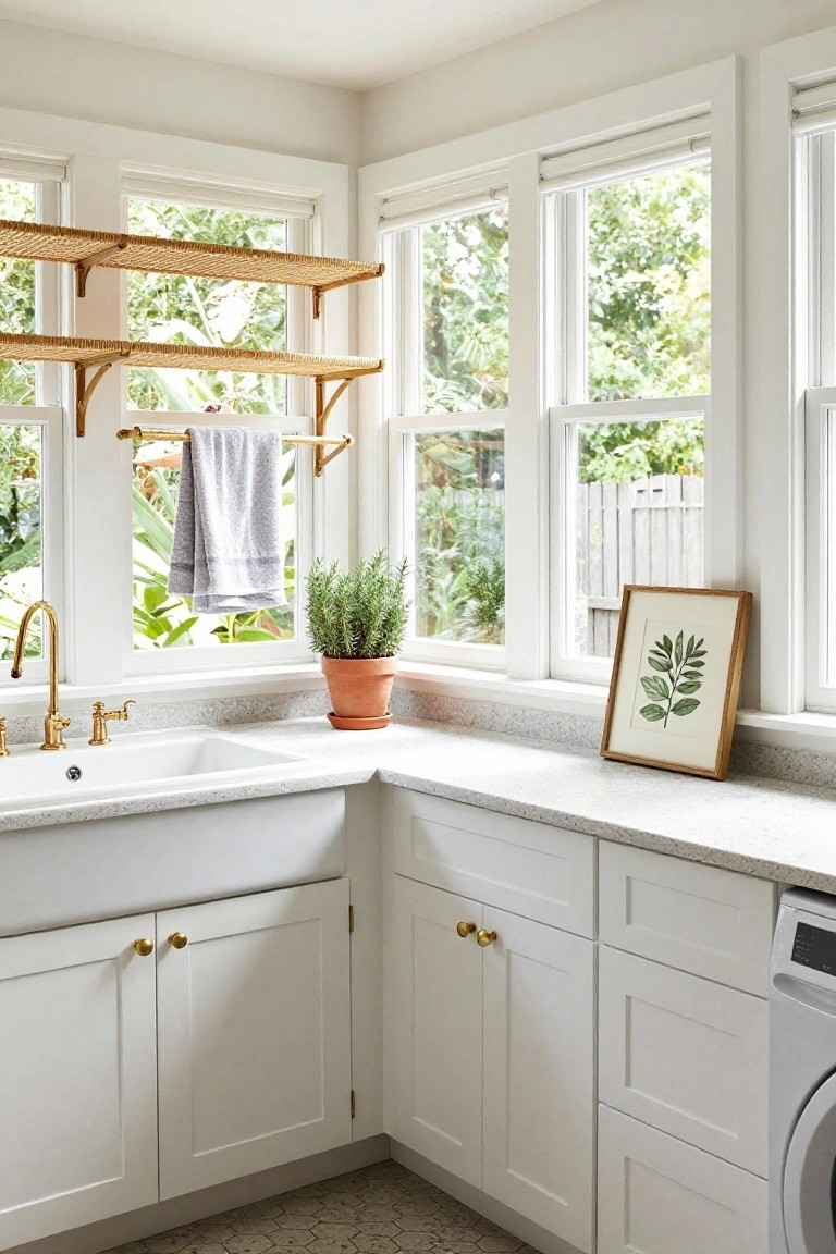 White corner farmhouse sink with gold faucet under large multi-pane windows on two walls, overlooking greenery, with rattan shelves above, rosemary plant on quartz countertop, and white cabinets and washer nearby.