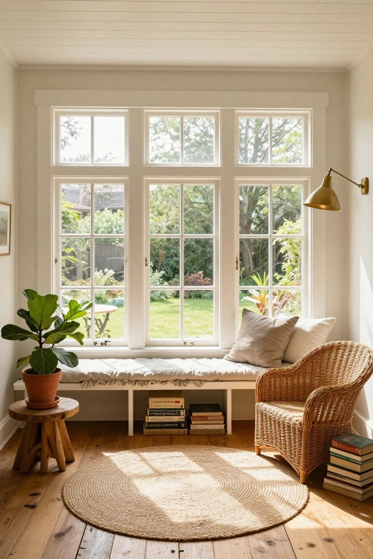 Sunlit sunroom interior with large white-framed triple windows overlooking a lush garden, built-in cushioned window bench with bookshelves below, potted fiddle leaf fig plant on wooden stool, rattan armchair with neutral pillows, stacked books, and round seagrass rug on hardwood floors.