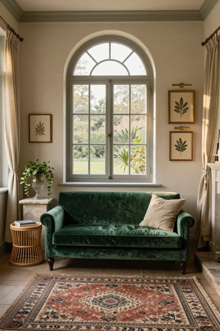 A green velvet sofa positioned in front of a tall arched window in a beige-walled room with potted plants, framed botanical prints, a side table, rattan stool, and red-patterned rug on tiled floor.