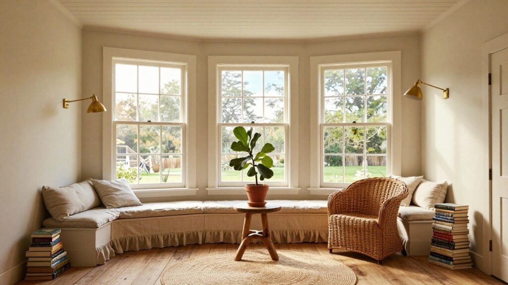 Sunlit sunroom interior with large white-framed triple windows overlooking a lush garden, built-in cushioned window bench with bookshelves below, potted fiddle leaf fig plant on wooden stool, rattan armchair with neutral pillows, stacked books, and round seagrass rug on hardwood floors.