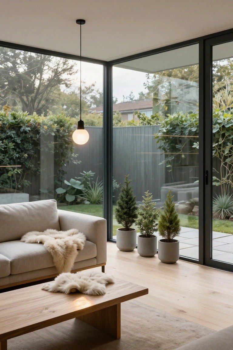 Minimalist living room with light beige sofa draped in white fur throw, wooden coffee table, three potted conifer plants in gray pots, light oak flooring, and full-height black-framed glass walls and sliding doors overlooking backyard garden with hedges, trees, grass, and fence.