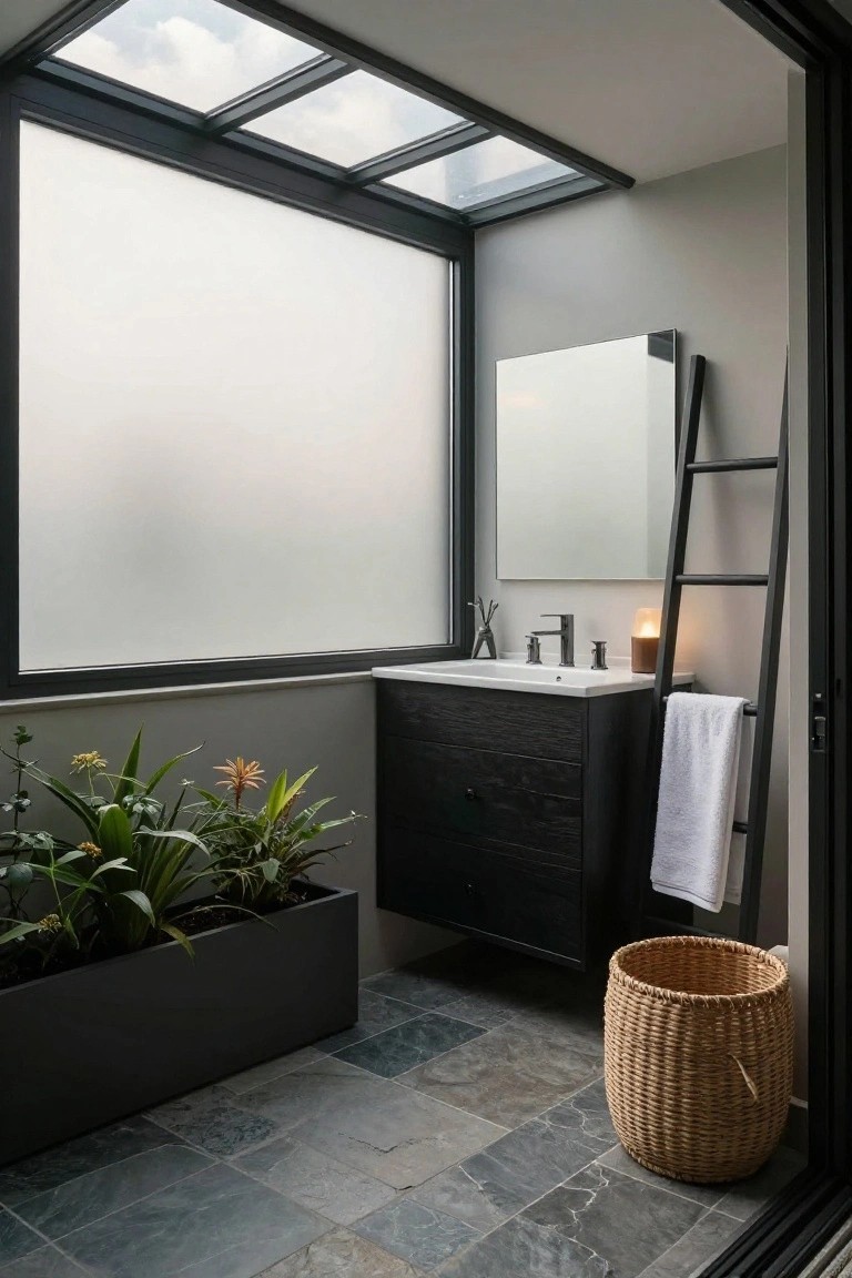 Compact modern bathroom with dark wood vanity and sink, frosted glass walls and skylights, potted plants in black planter, black ladder towel rack with white towel, woven basket, and gray slate tile floor.