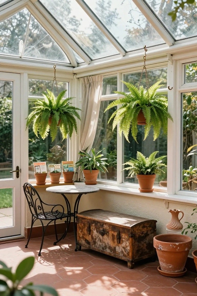 Glass-walled sunroom with multiple hanging ferns in terracotta pots, smaller potted ferns and plants on windowsills, white metal bistro table and chair, wooden chest, and additional terracotta pots on terracotta tiled floor.