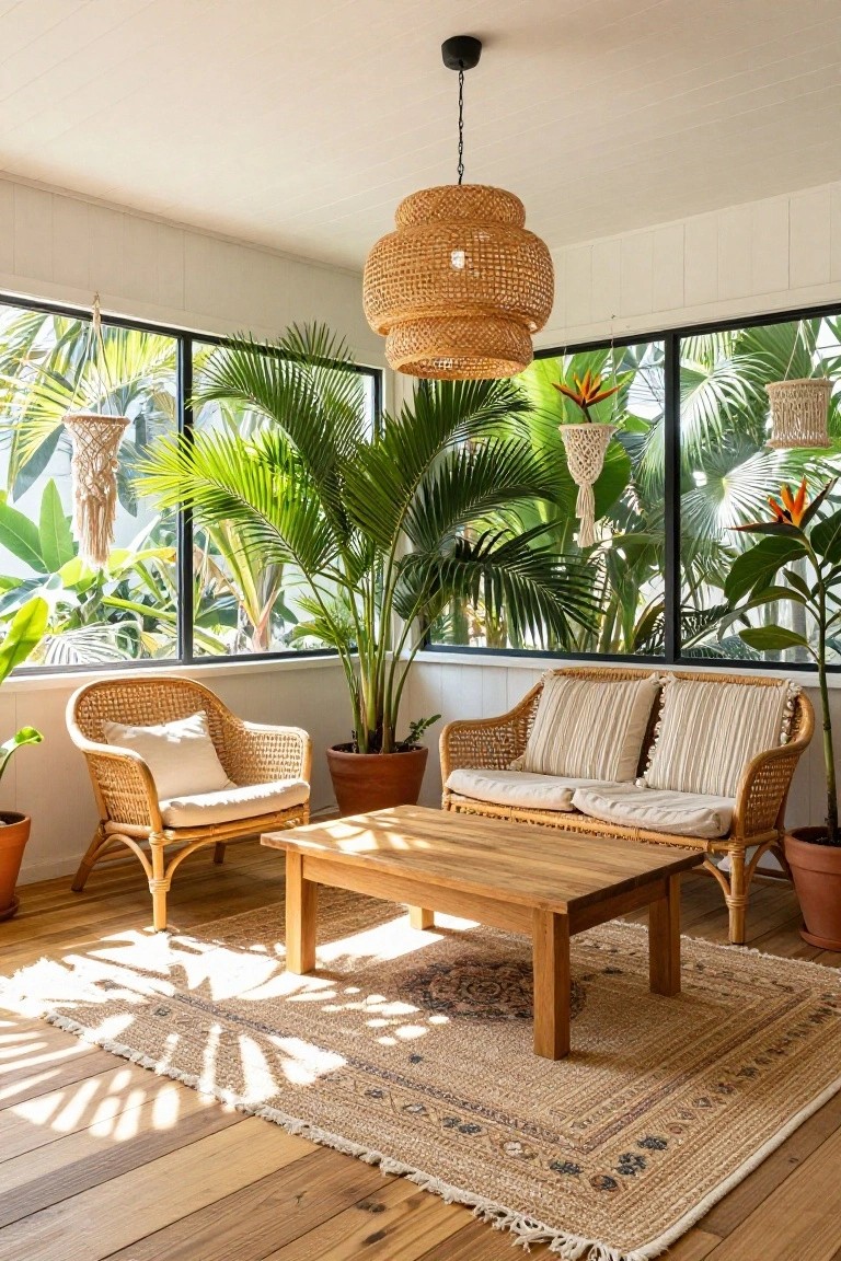 Sunroom interior featuring a rattan armchair and loveseat with beige cushions around a wooden coffee table on a patterned rug, surrounded by potted tropical plants, macrame hangers, and large windows showing greenery outside, with a woven pendant lamp overhead.