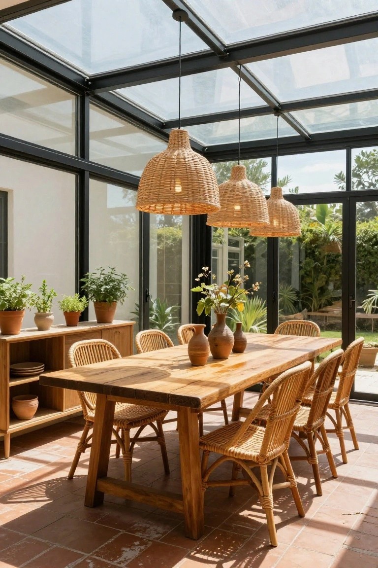 Sunroom dining area with a long wooden table, rattan chairs, potted plants and vases on a wooden sideboard, three hanging rattan pendant lights from a glass ceiling, glass walls opening to a garden.