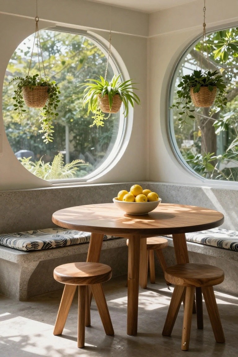 Cozy indoor nook featuring a round wooden table with a white bowl of lemons, cushioned benches, wooden stools, large round windows showing outdoor greenery and hanging plants.