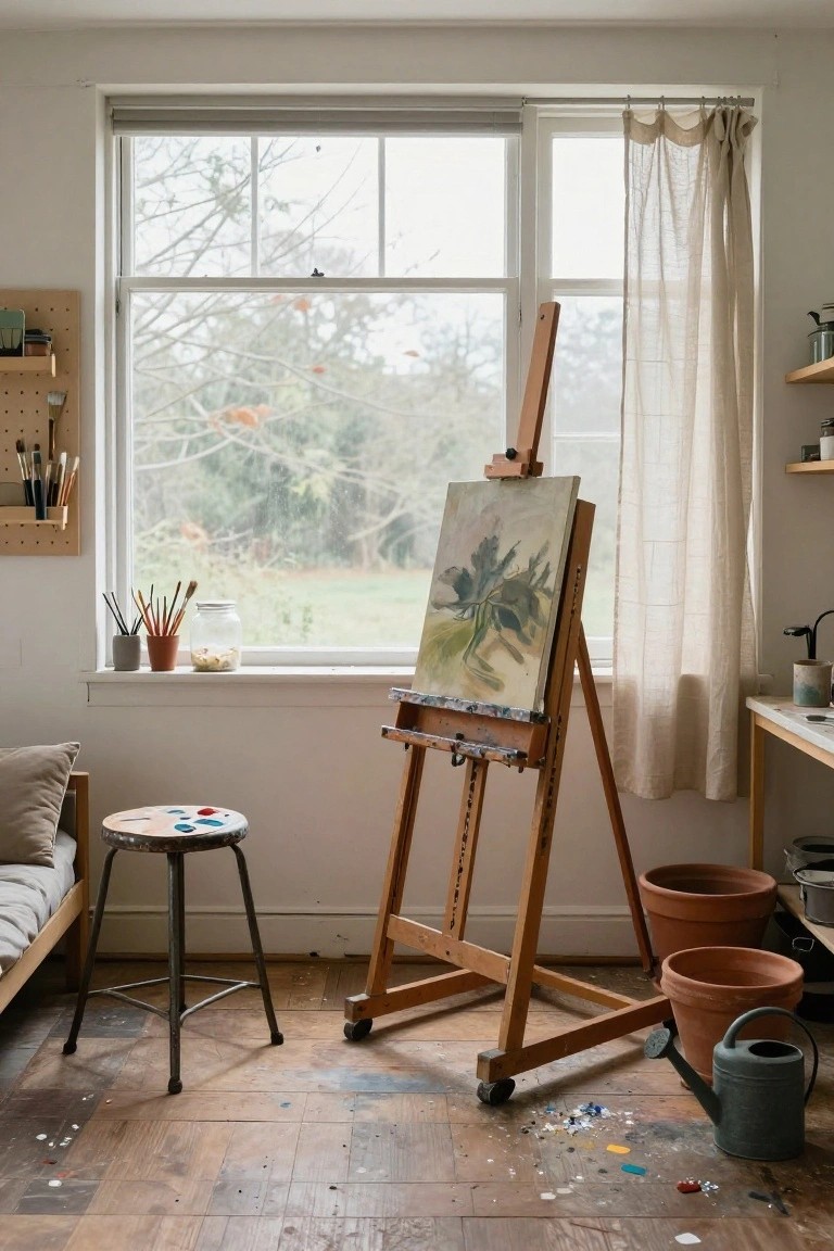 Artist studio interior with wooden easel holding a half-finished floral painting, scattered brushes and paint jars, large window with sheer beige curtains overlooking autumn trees and fields, wooden stool and floor with paint splatters.