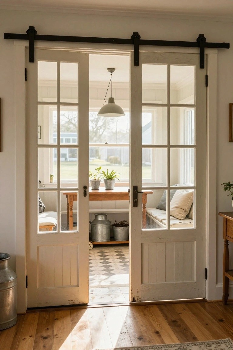 White multi-pane glass doors with black barn-style sliding hardware partially open between an interior room and sunroom, showing benches, plants, metal buckets, and checkered flooring inside the sunroom with outdoor views beyond.