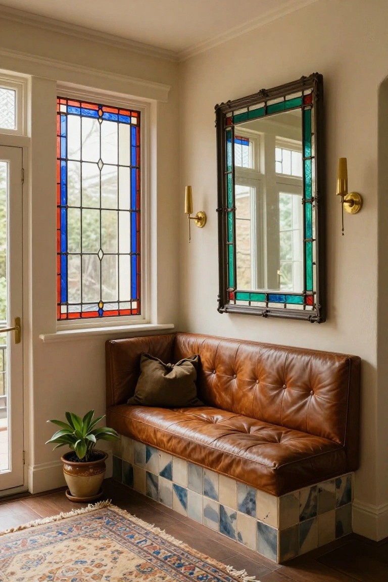 Corner of an interior room with a tall stained glass window, tufted tan leather bench on blue and white tiled base, large mirror with stained glass frame and green accents, paired gold sconces, potted plant in terracotta pot, and patterned rug on wood floor.