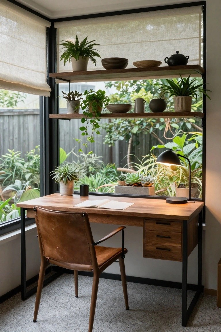 Corner wooden desk with black metal frame and leather chair in a room with large glass windows overlooking greenery, floating shelves above holding plants and ceramics, desk lamp and open notebook on surface.