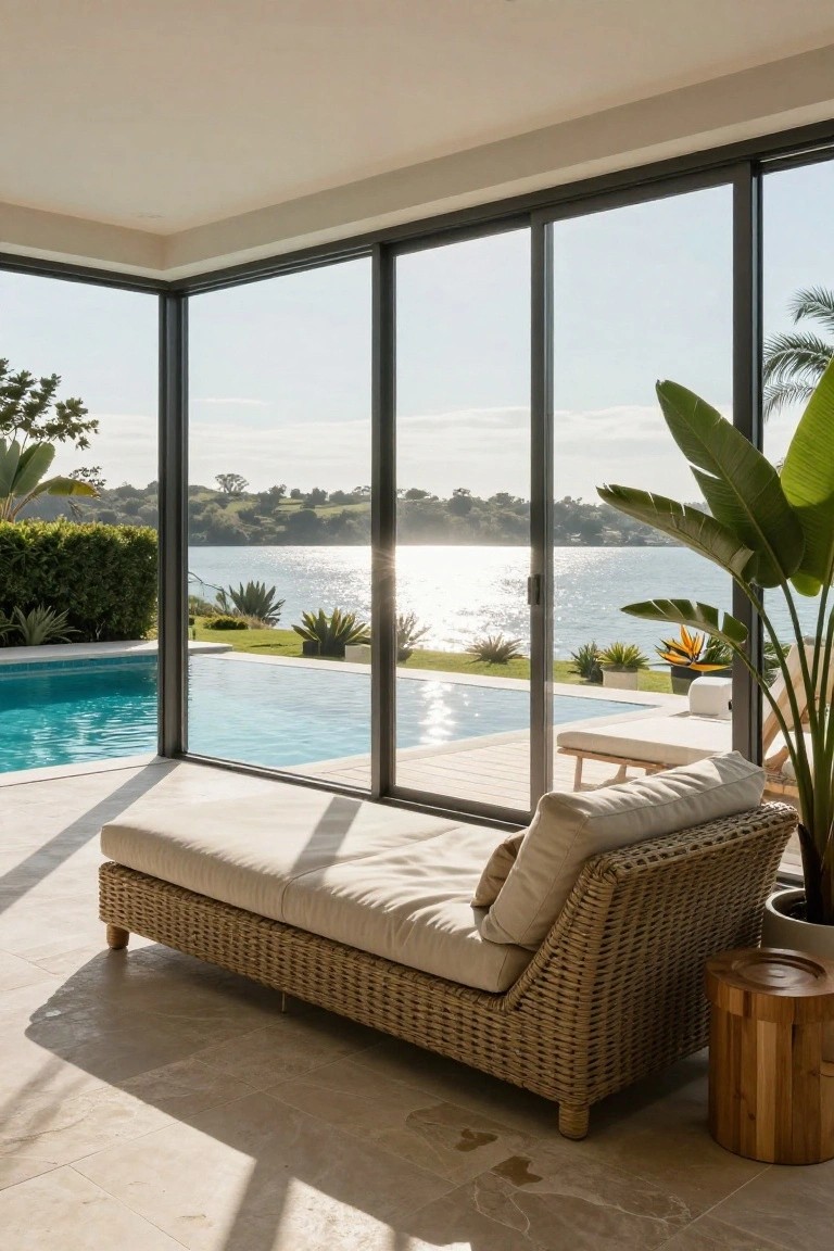 Sunroom interior with floor-to-ceiling corner sliding glass doors overlooking a turquoise pool, wooden deck, tropical plants, lake, and landscaped yard, plus a beige rattan daybed and side table on light stone tile floor.