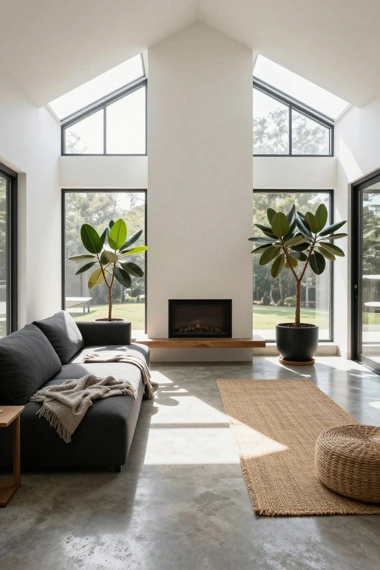 Modern living room interior with low gray sofa, central gas fireplace flanked by two large potted ficus trees next to floor-to-ceiling windows overlooking a lawn, wooden bench shelf, seagrass rug on polished concrete floor, and angled skylights above.
