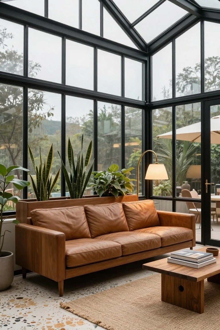 Tan leather three-seater sofa with wooden frame and legs in a glass-walled sunroom filled with potted plants like snake plants, next to a wooden coffee table on a seagrass rug, with garden views through the windows.