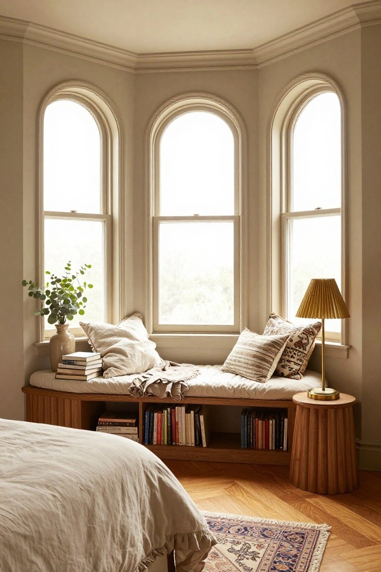 Bedroom corner with built-in wooden window seat under three arched windows, cushions and throw blanket on seat, bookshelves below, eucalyptus in vase, lamp on stool, bed and Persian rug nearby on hardwood floors.