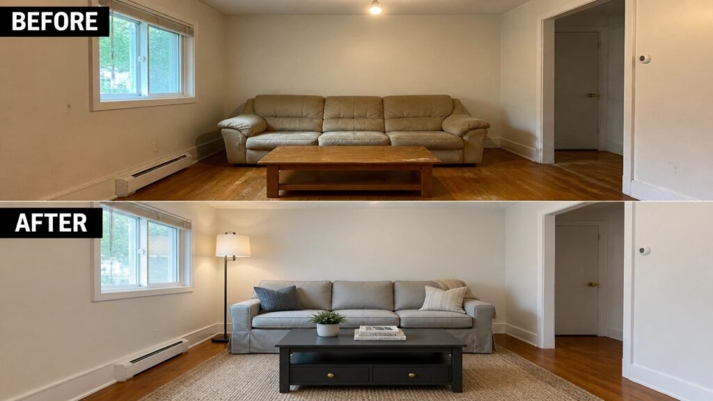 23 Easy Simple Room Refresh Ideas for Old Furniture and Dated Paint Before and after living room with updated gray sofa, dark table, rug and lamp.