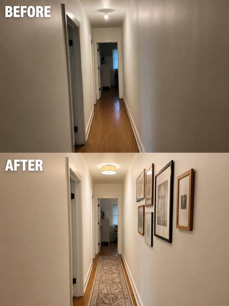Before and after of hallway with added rug, light and framed art gallery wall
