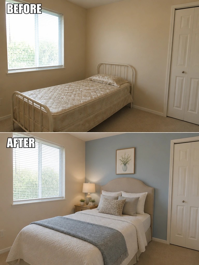 Before-and-after image of a bedroom with beige walls and a basic metal bed frame updated with a blue accent wall, upholstered headboard, and refreshed bedding.