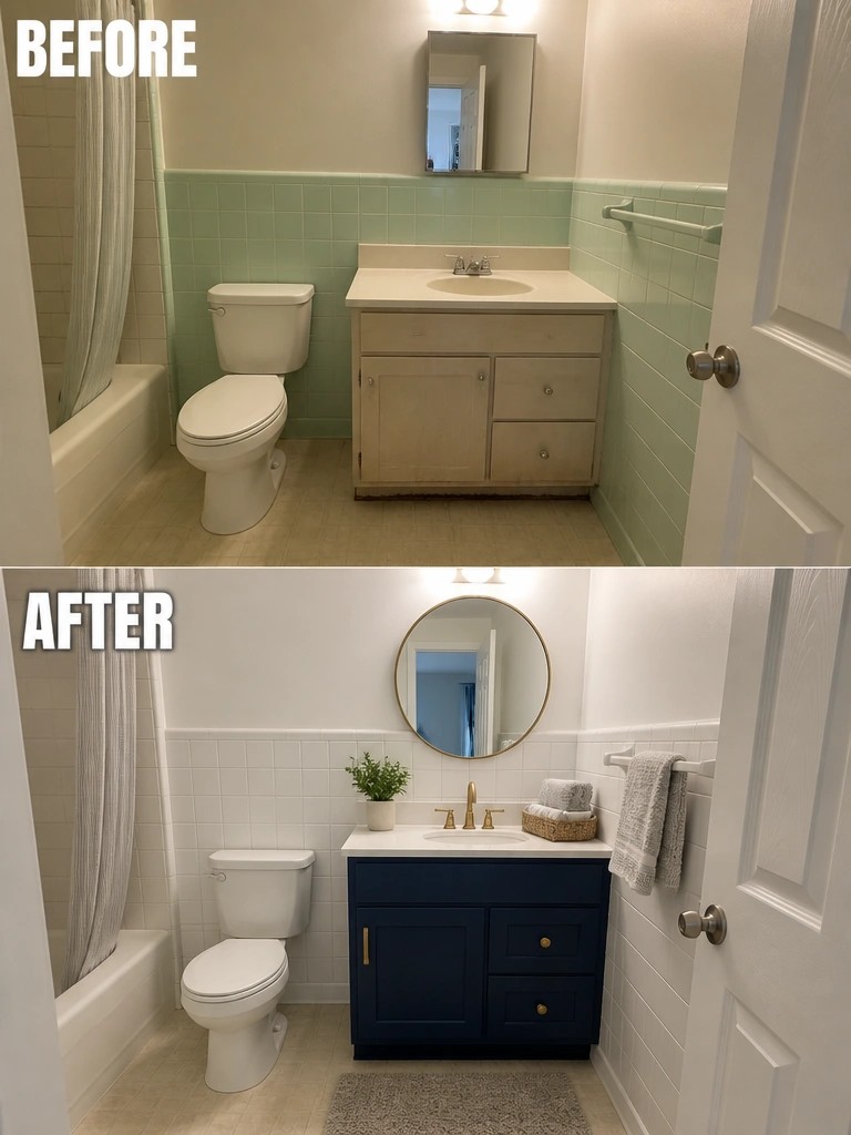 Before-and-after image of a bathroom showing green tile walls and a light vanity changed to white walls and a navy vanity.