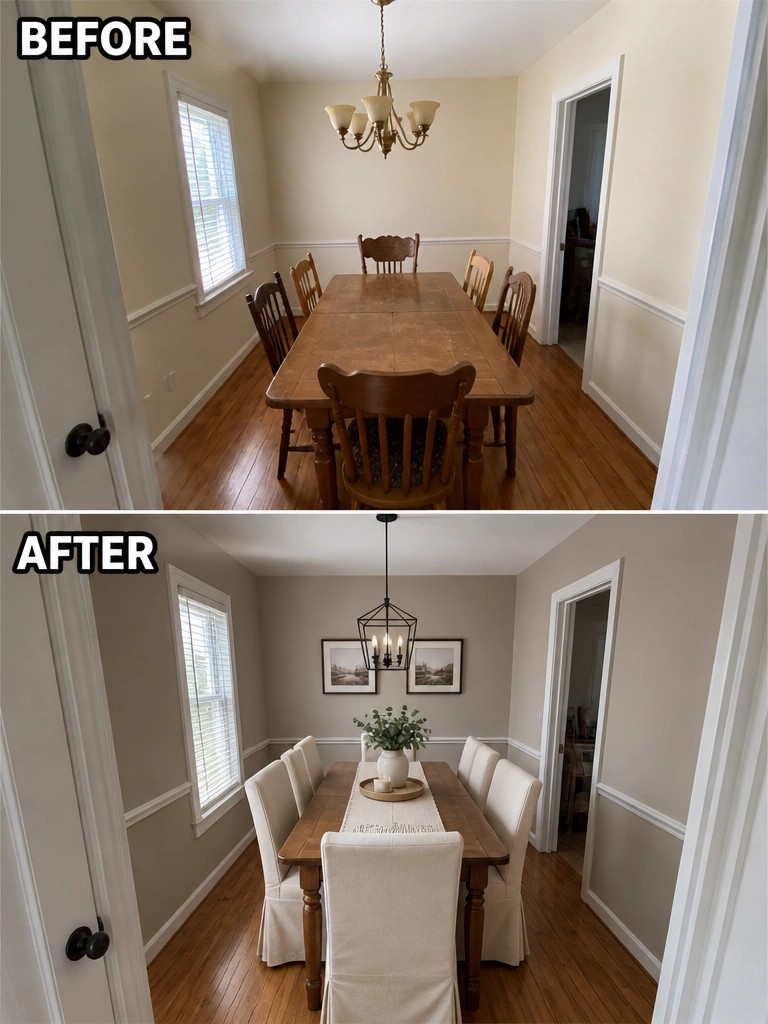 Before-and-after image of a dining room updated with lighter wall color, a modern light fixture, slipcovered chairs, and wall art.