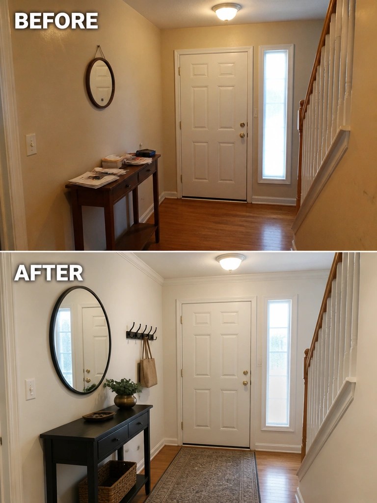 Before-and-after image of a home entryway with a dark wood console and small mirror changed to a black console, larger round mirror, wall hooks, and rug.