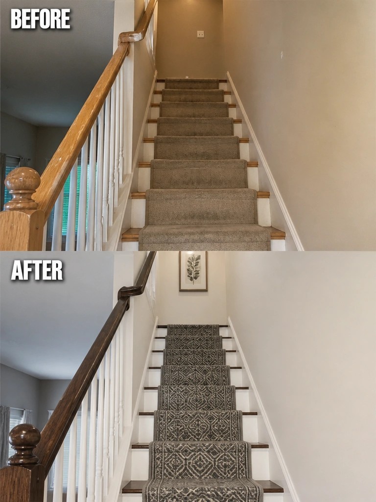 Before-and-after image of a staircase with solid carpet changed to a patterned runner and a lighter wood handrail refinished to a darker tone.