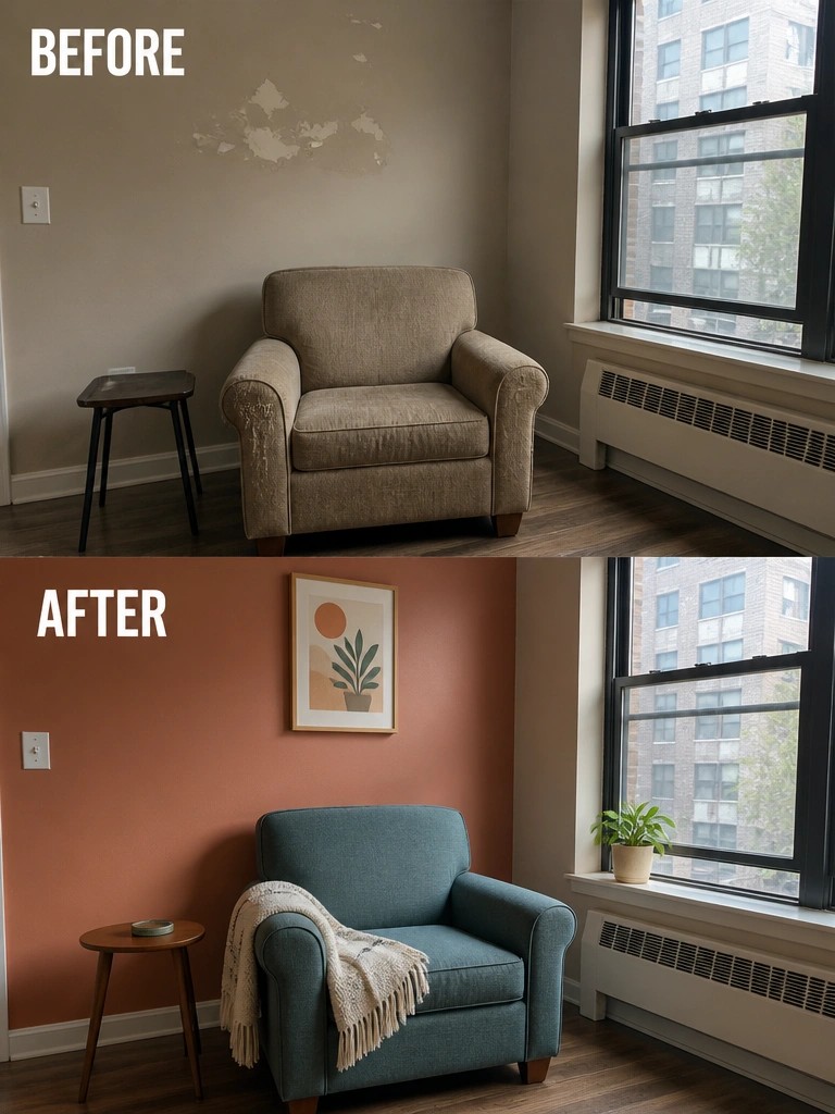Before-and-after room corner with beige-to-terracotta wall, beige-to-teal armchair, and added art.