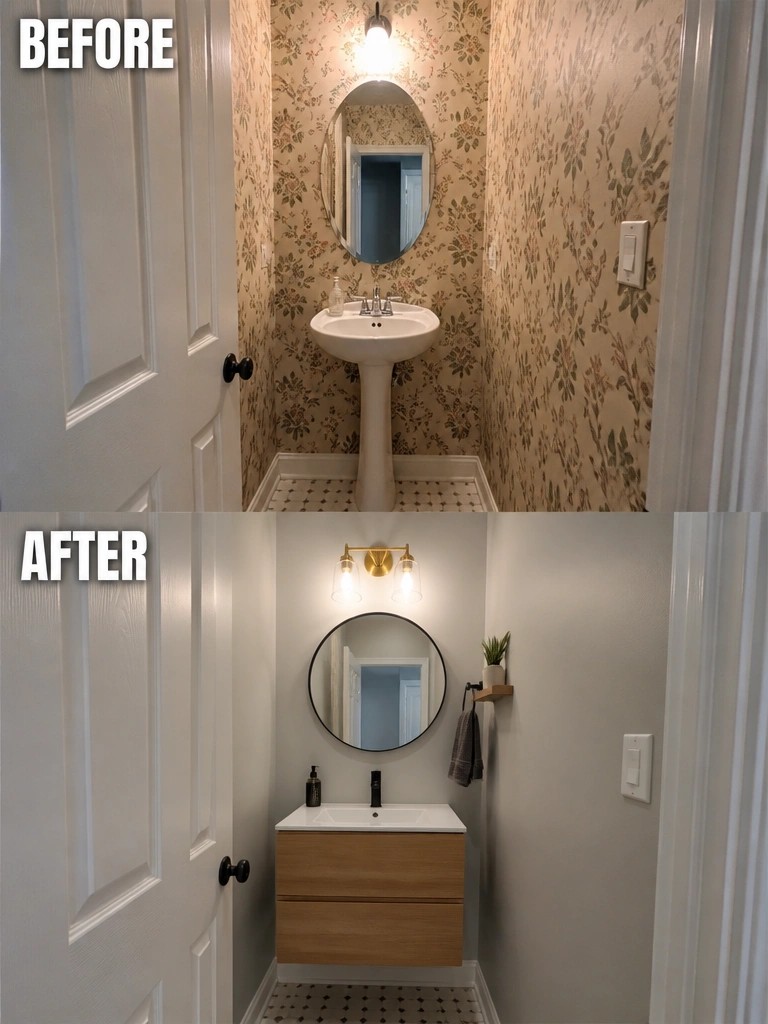 Before and after bathroom remodel with floral wallpaper and modern wooden vanity.