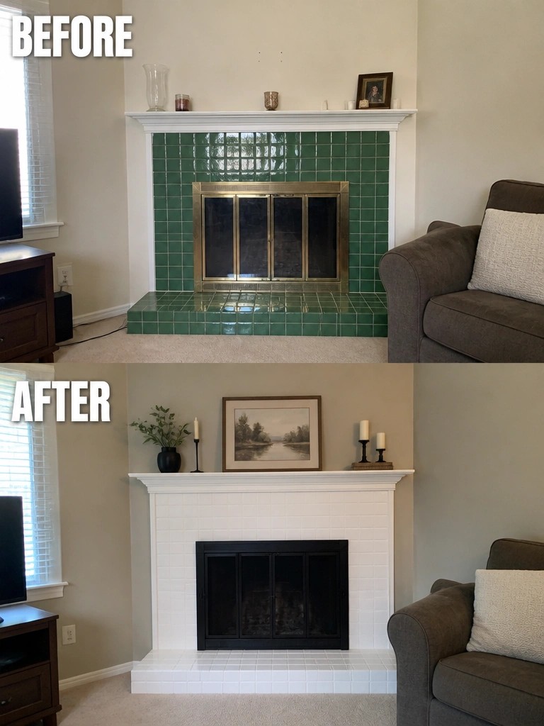 Before-and-after image of a fireplace surround changed from green tile to white tile.