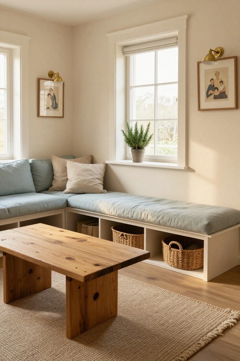 A cozy living room corner featuring a built-in white bench with blue cushions and under-bench storage holding wicker baskets, next to a low rustic wooden coffee table on a light wood floor, with large windows, wall sconces, and framed photos.
