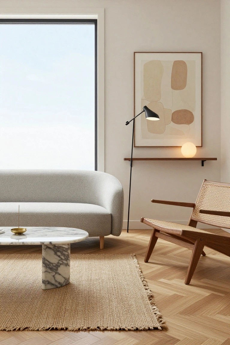 Apartment living room with curved light gray sofa facing floor-to-ceiling window, rattan armchair nearby, round white marble coffee table on beige jute rug, abstract beige wall art, black adjustable floor lamp, white orb light on wooden shelf, parquet wood floor.