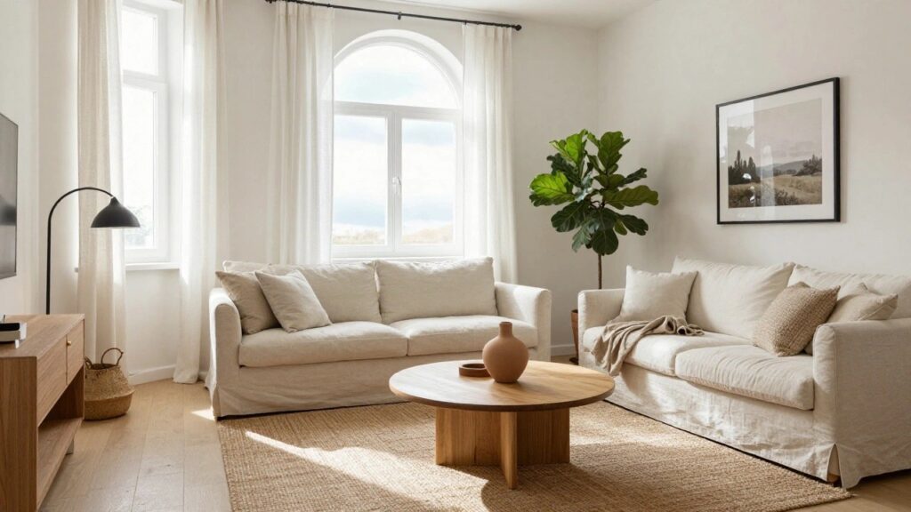 23 Fresh Apartment Living Room Decor Ideas For A Lighter Look Bright living room interior with two white slipcovered sofas facing an oval natural wood coffee table on a seagrass rug, a fiddle leaf fig plant in a basket, black arc floor lamp, wooden sideboard, and arched window with sheer white curtains.