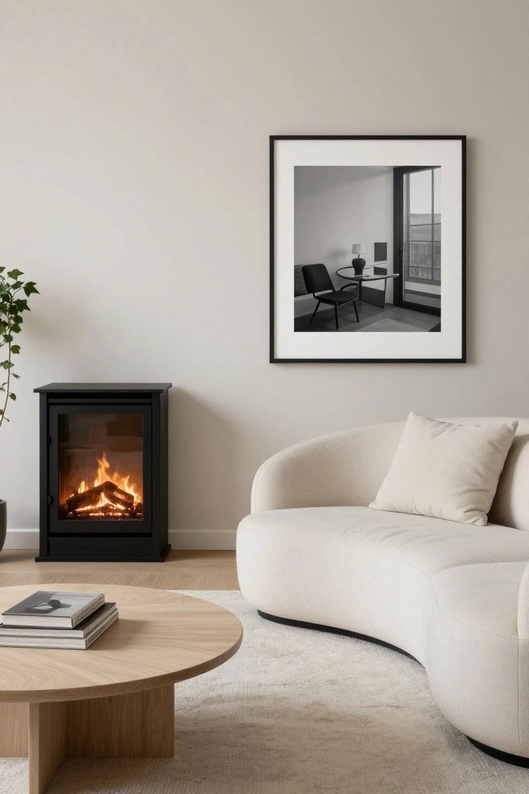 A minimalist apartment living room with beige walls, black freestanding electric fireplace showing orange flames, curved cream-colored sofa, oak coffee table with stacked books, potted plant, and large framed black-and-white photograph.