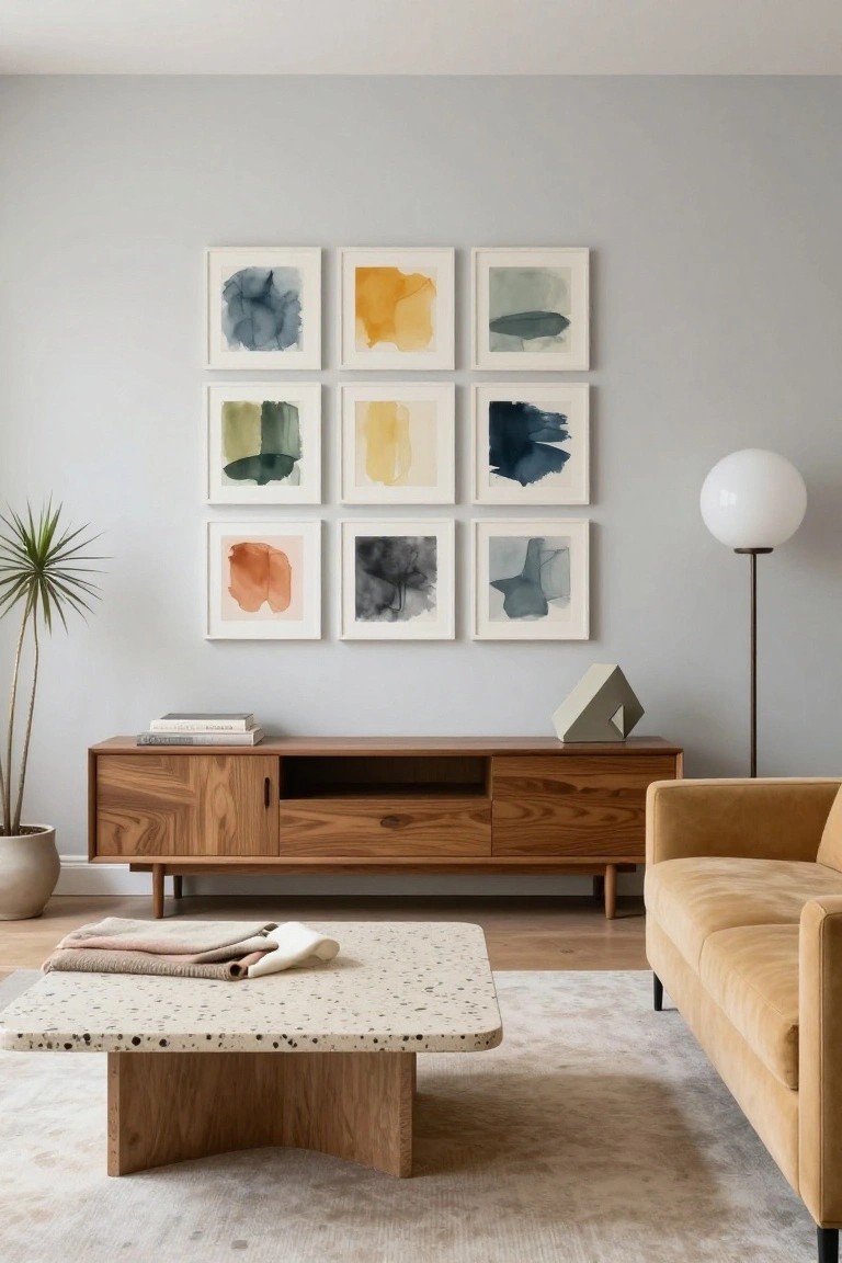 Modern apartment living room with a 3x3 grid of framed abstract watercolor paintings in muted tones on a light gray wall above a wooden media console, mustard yellow sofa, potted plants, floor lamp, terrazzo coffee table, and light rug.