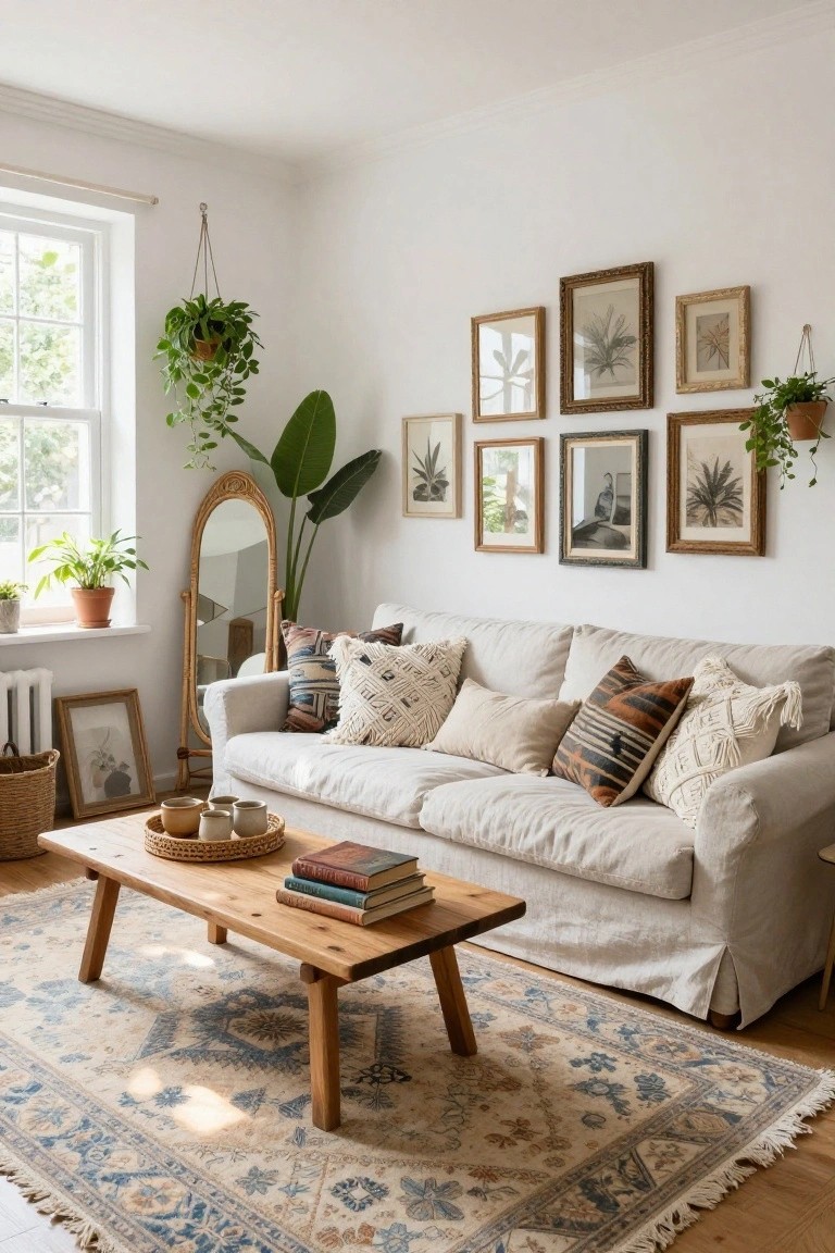 A sunlit apartment living room featuring a cream linen sofa with assorted textured pillows, wooden coffee table holding books and teacups, blue-and-beige patterned rug, rattan mirror, multiple potted and hanging plants, and eclectic framed artwork on white walls.