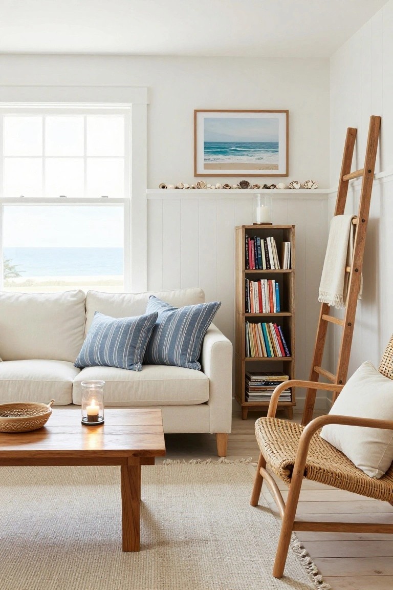 Cozy living room featuring a white sofa, wooden coffee table, and bookshelves.