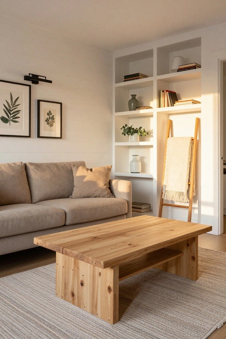 Beige fabric sofa in a white shiplap-walled living room with built-in open shelves holding books, ceramics, and plants, a rectangular wooden coffee table with lower shelves, a wooden ladder draped with a cream throw blanket, and natural light from a window.
