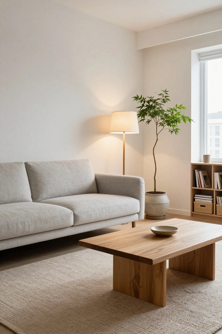 Light gray two-seater sofa in a white-walled apartment living room with low wooden coffee table on beige rug, tall potted tree plant next to floor lamp, bookshelves, and window.